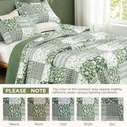 Litanika Floral Sage Quilt Queen - 3Pcs Botanical Birds Bedding Set