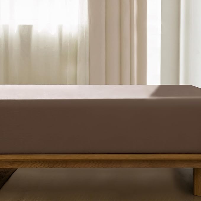 MooMee Fitted Bottom Sheet Only 100% Washed Cotton Linen Like Textured Breathable Durable Soft Comfy Deep Pocket Fits Mattress up to 17" (Brown, King)