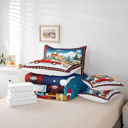 Cartoon Christmas Truck Comforter Set Bed in a Bag 7 Pieces Full,Watercolor Snowman Santa Claus Bedding Set, Cabin (Comforter+Fitted+Flat Sheet+2 Pillowcases+2 Throw Pillow Covers)