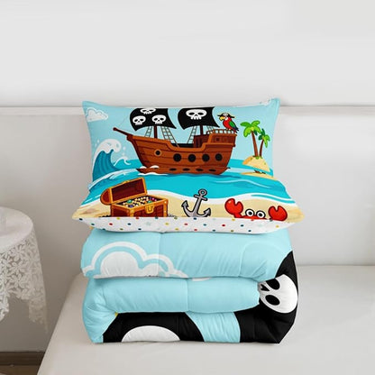 Cartoon Pirate Ship Bedding Set,Cartoon Parrot Crab Coastal Creature Comforter Set for Kids Teens Adults,Nautical Sailing Ocean Theme Comforter Duvet Set with 2 Pillowcases Full Size 3 Pcs