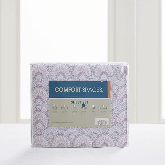 Comfort Spaces 100% Cotton Sheet Set Breathable, Lightweight, Soft with 14" Elastic Pocket Fits up to 16" Mattress, All Season Cozy Bedding, Matching Pillow Case, Cal King Tabitha Purple 4 Piece