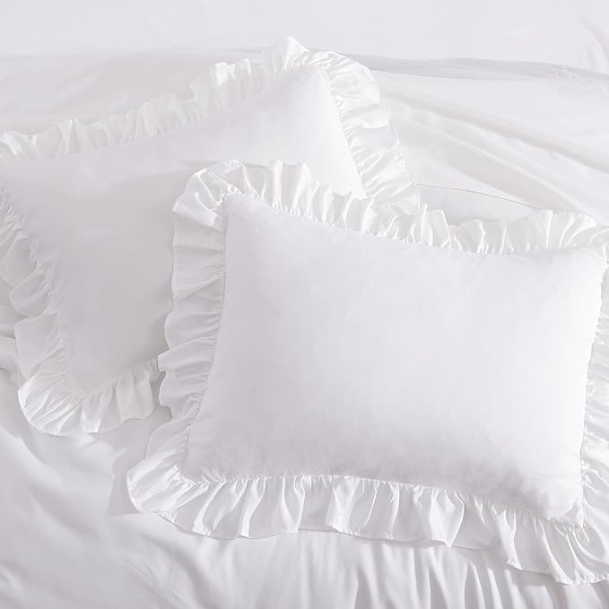 King Size Comforter Set White, Ruffle Shabby Chic Bedding Set Farmhouse 7 Pieces, All Season Fluffy Bed in a Bag with Sheets, Pillowcases & Shams