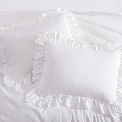 Full Comforter Set White, Ruffle Shabby Chic Bedding Set Farmhouse 7 Pieces, All Season Fluffy Bed in a Bag with Sheets, Pillowcases & Shams