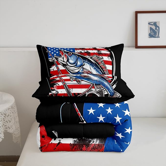 Feelyou Bass Fish Bedding Set Twin Size Farmhouse Fishing American Flag Comforter Set for Kids Boys Girls Teens Fishing Lover Room Wild Pike Fish Decor Comforter Red Blue Stripe Quilted Set 3Pcs