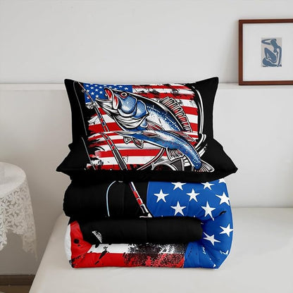 Feelyou Bass Fish Bedding Set Twin Size Farmhouse Fishing American Flag Comforter Set for Kids Boys Girls Teens Fishing Lover Room Wild Pike Fish Decor Comforter Red Blue Stripe Quilted Set 3Pcs