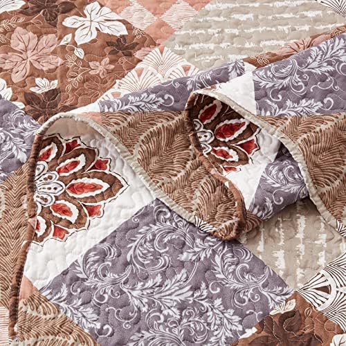 Full/Queen Size Quilt Set 3 Pieces Lightweight Reversible Bedspread-90''x98'' Soft Patchwork Floral Coverlet Luxurious Warm Microfiber Bed Cover All Seasons Brown Bedding Set(1 Quilt,2 Pillow Shams)