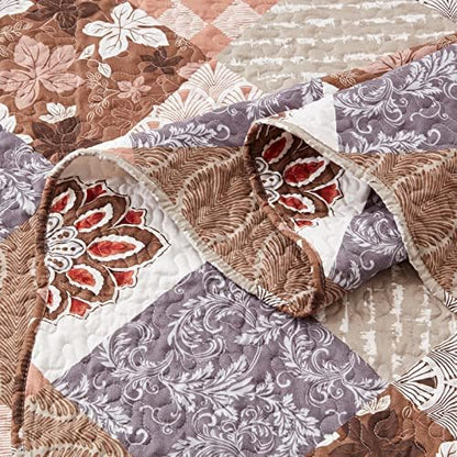 LEAONME 2 Pieces Twin Size Quilt Set Lightweight Brown Floral Bedspread 68x86 Inch Soft Patchwork Coverlet Warm Microfiber Bed Cover for All Seasons (1 Quilt,1 Pillow Sham)