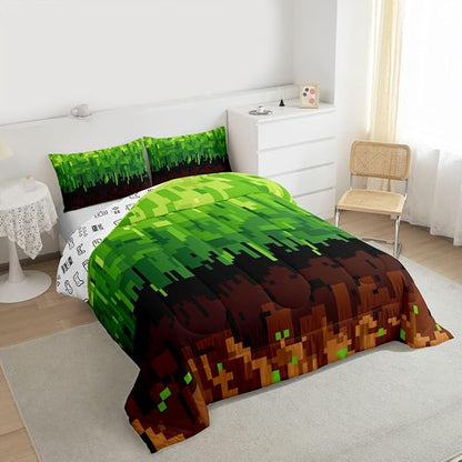 Pixelated Comforter Set Full Size,Patchwork Grid Video Games Kids Bedding Set,Miners Lattice Simple Quilt Comforter,Brown Green Duvet Insert,2 Pillowcases