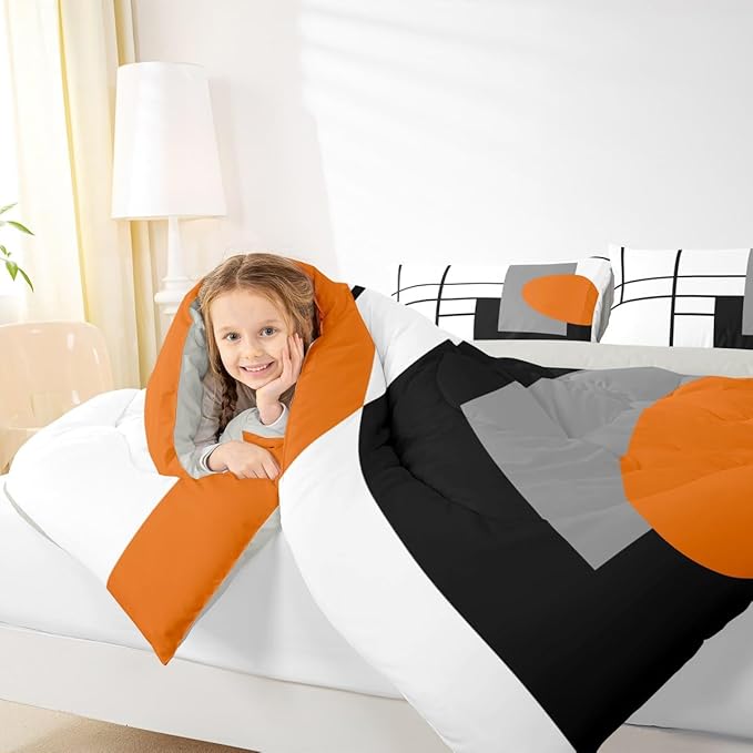 Erosebridal White Black Orange Striped King Bedding Set Boho Modern Geometric Abstract Comforter Set for Adult Women Men Stripes Lines Bed Collections Minimalist Square and Circle Quilt Sets