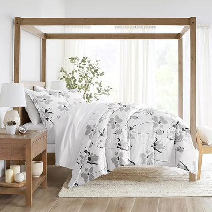 LINENS & HUTCH Comforter Set Patterned Microfiber All Season Down-Alternative Ultra Soft Bedding in Magnolia - Full/Queen Magnolia Light Gray