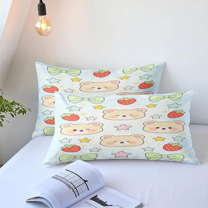 Women Girls Blue White Cartoon Comforter Set, Twin Size 2-Piece Red Strawberry and Green Bows Comforter Sets for Kids Room Decor, 1 Comforter 68"x 90", 1 Pillowcase, Soft Microfiber