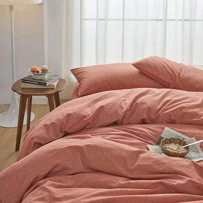 FACE TWO FACE Bedding Duvet Cover Set 3 Pieces 100% Washed Cotton Duvet Cover Linen Like Textured Breathable Durable Soft Comfy (Queen, Caramel)