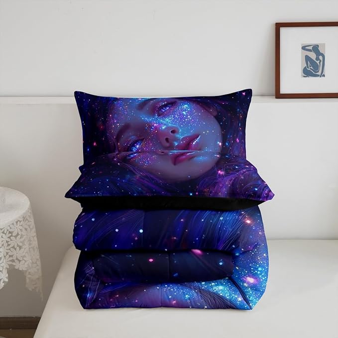 Erosebridal Japanese Bedding Sets for Girls Modern Art Fashion Girl Painting Comforter Set, Galaxy Stars Print Duvet Insert Glitter Zodiac Constellation Bed Set Anime Gifts King 3Pcs