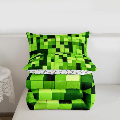 Pixelated Miners Game Comforter Set King Size,Video Games Gamepad Gaming Kids Bedding Set,Geometric Square Quilt Comforter,Light Green Duvet Insert,2 Pillowcases