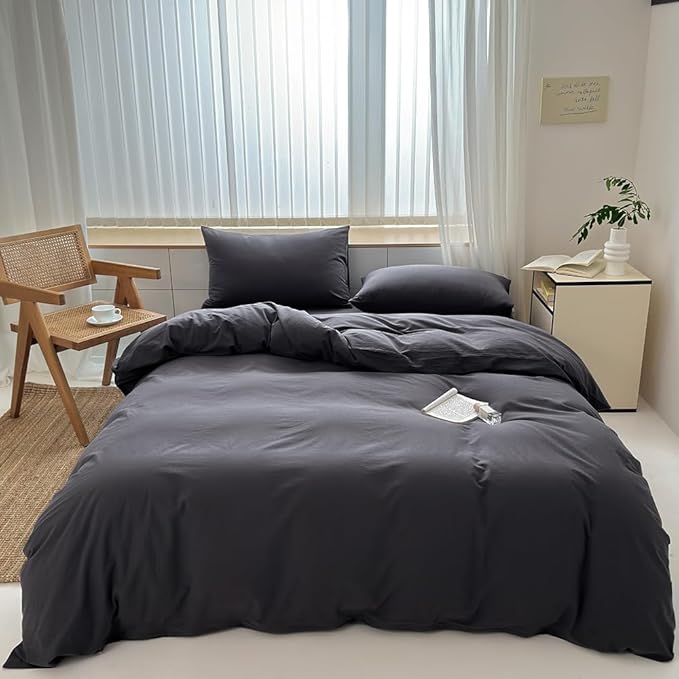 FACE TWO FACE Bedding Duvet Cover Set100% Washed Cotton Duvet Cover Linen Like Textured Breathable Durable Soft Comfy (Full, Volcanic Black)