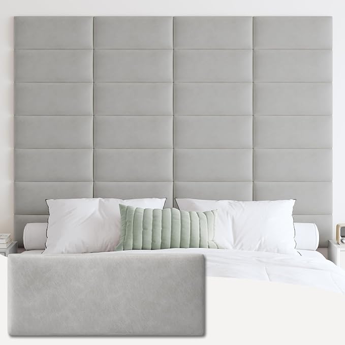 IFNOW Wall Mounted Headboard, Peel and Stick Panels, Light Grey, Queen | Upholstered 3D Soundproof Acoustic Panels Reusable and Removable Padded Leather Bed Headboard, 6 Panels 9.84" x 23.62"