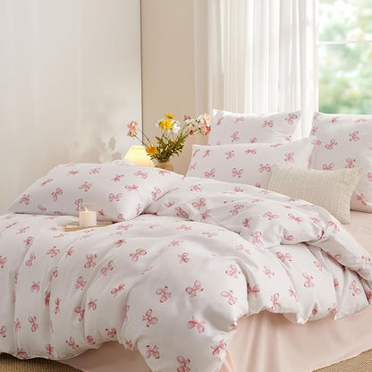 White Queen Comforter Set - Pink Bow Comforter Set Queen Size, Quilt Bedding Set 3 Pieces, Soft & Lightweight Comforter(90‘’ x 90‘’) for Girl All Season & 2 Pillowcases(30‘’x20‘’)
