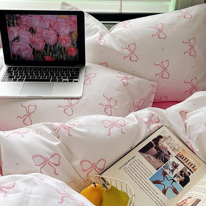 Nayoroom Pink Bow Duvet Cover Full Size Polka Dot Bowknot Coquette Duvet Cover 3 Pieces Soft Lightweight Microfiber Girls Cute Aesthetic Dorm Bedding Set