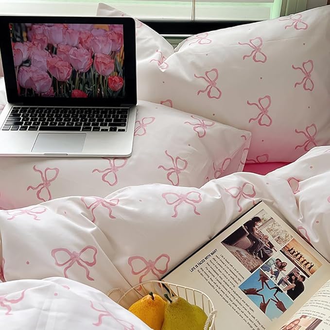 Nayoroom Pink Bow Duvet Cover Queen Size Polka Dot Bowknot Coquette Duvet Cover 3 Pieces Soft Lightweight Microfiber Girls Cute Aesthetic Dorm Bedding Set