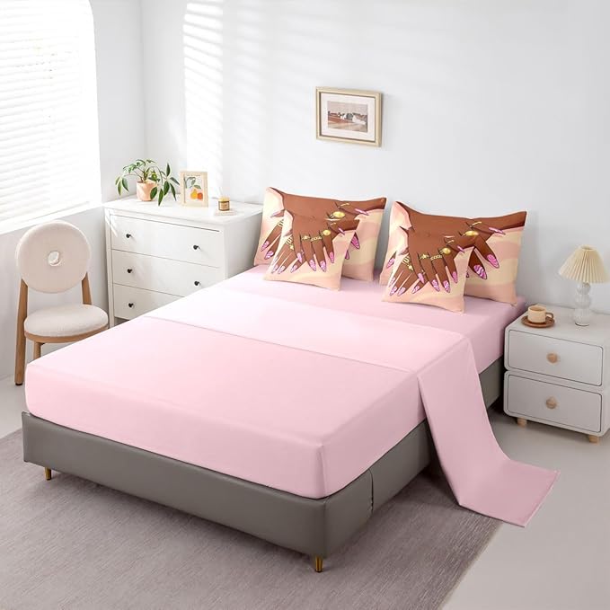 Erosebridal Romantic Makeup Themed Comforter Sets King for Girls Fashion Girlish Sheet Set 7 Piece Black Girls Bedding Set for Kids Teens Adult Women Bedroom Afro Vogue Princess Magical Bed in A Bag