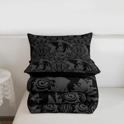 Feelyou Adults Gothic Kids Comforter Set King Size Dark Olive Green Damask Bedding Set Dragon Duvet Quilt for Kids Boys Girls Bedroom Decor Microfiber Ultra Soft Breathable