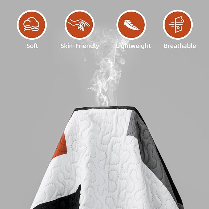 3 Piece Orange Grey Quilt Set Full/Queen Size Black White Gray Geometric Reversible Bedding Set Microfiber Lightweight Bedspread Coverlet with 2 Shams Modern Bed Covers for All Season, 90''x96''