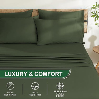 Ivellow 100% Egyptian Cotton Sheets King Size Set - 1200 Thread Count 6 PC 18" Deep Pocket King Size Bed Sheet Set，Durable Hotel Quality Luxury Soft Breathable Dark Green Cooling Sheet Sets Bedding