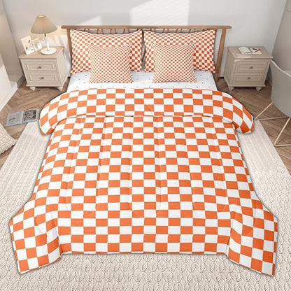 jejeloiu Orange and White Bedding Set 7Pcs King Size Kids Plaid Checkered Comforter Set with Sheets for Boys Girls Classic Grid Buffalo Check Bed in a Bag Soft Lightweight,Microfiber