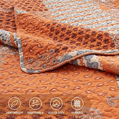 LEAONME Quilt Set King Size 3 Piece Bedspread Coverlet Lightweight Comforter Microfiber Bedding Set for All Season Oversized 98x106 Inch Bed Cover Paisley Burnt Orange/Rust (1 Quilt, 2 Pillow Shams)