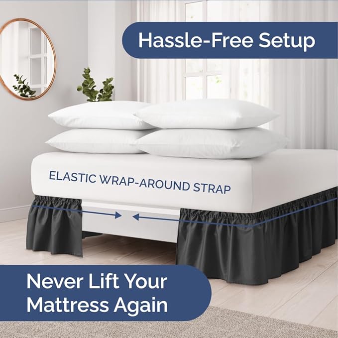 Wrap Around Dust Ruffle Bed Skirt - Black - for Queen Size Beds with 18 Inch Drop - Easy Fit Elastic Strap - Adjustable Pleated Bedskirt w/Brushed Fabric - Wrinkle Free - for Women, Men, Kids & Teens