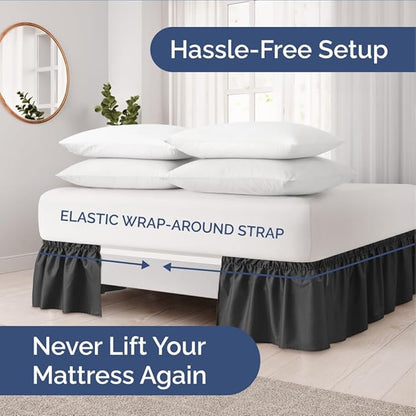 Wrap Around Dust Ruffle Bed Skirt - Black - for Queen Size Beds with 18 Inch Drop - Easy Fit Elastic Strap - Adjustable Pleated Bedskirt w/Brushed Fabric - Wrinkle Free - for Women, Men, Kids & Teens