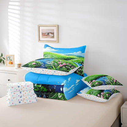 jejeloiu Cute Anime Floral Bedding Set 7Pcs King Size Kids Tulip Floral Comforter Set with Sheets for Boys Girls Flower River Bed in a Bag Soft Lightweight,Microfiber