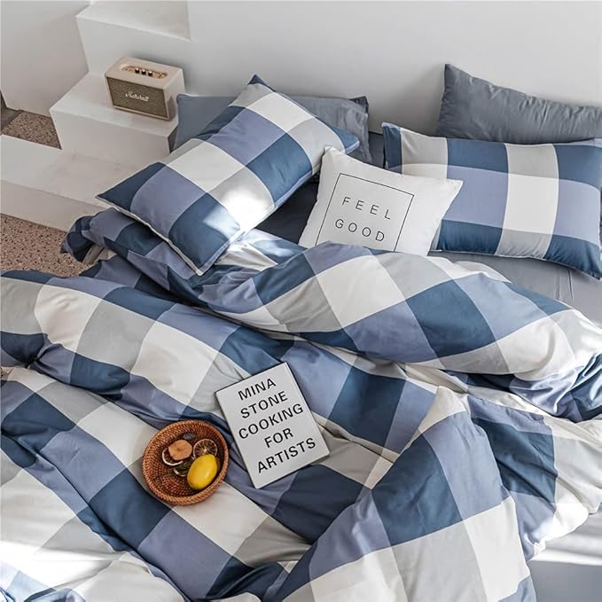 LifeTB Twin XL Comforter Set Modern Style Plaid Checkered Pattern Comforter Soft Fluffy Blue White Grey Geometric Comforter with 2 Pillowcases for Men Boy Teen All Seasons Comforter Set Twin XL Size