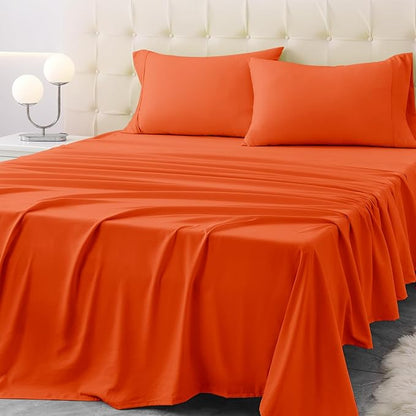 Twin XL Size Bed Sheet Set - 3 Piece Soft Microfiber Sheets with Deep Pockets, Cooling Technology, and Wrinkle-Free Pillowcase. Hotel-Quality, Durable Bedding, Bright Orange