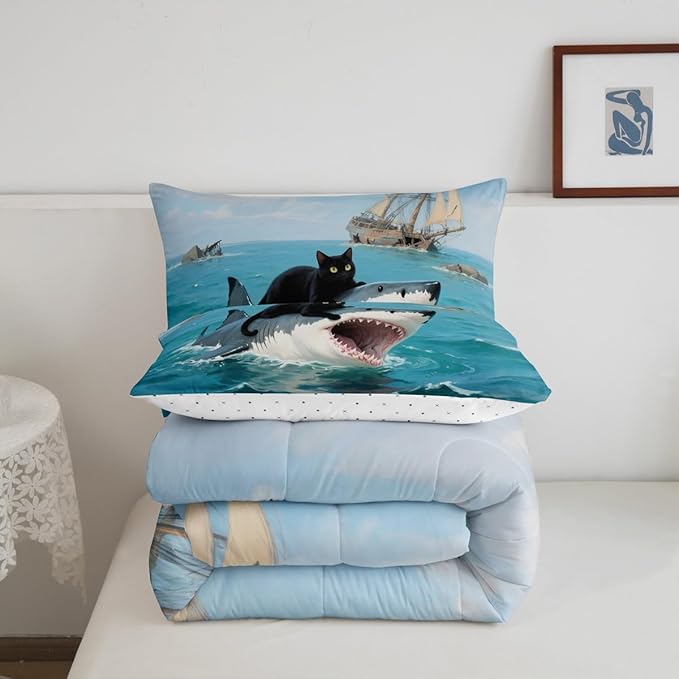 Erosebridal Black Cat Quilt Insert Twin Size Shark Bedding Set for Kids Girls Boys Safari Kitten Sea Waves Marine Nautical Blue Comforter Warm Soft Comforter Set