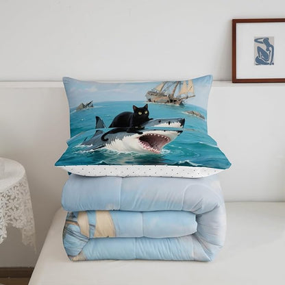 Erosebridal Black Cat Quilt Insert Twin Size Shark Bedding Set for Kids Girls Boys Safari Kitten Sea Waves Marine Nautical Blue Comforter Warm Soft Comforter Set