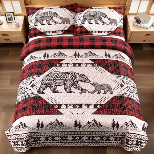3 Piece Cabin Full/Queen Quilt Sets Christmas Rustic Reversible Microfiber Soft Lightweight Farmhouse Bedspread Comforter with 2 Shams Patchwork Country Lodge Bedding for All Season, 90''x96'', Red