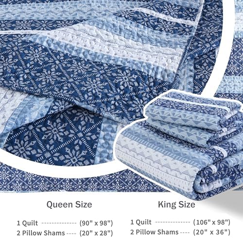 Homzard Quilts Queen Size,Blue White Snowflake Striped Quilt Bedspread Set,Cotton Boho Blue Comforter Set, Lightweight Comforter Queen Size (90 * 98 inches) and 2 Pillow Shams