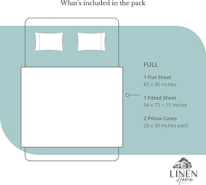 Linen Home 100% Cotton Percale Sheets Full Size, Aqua Blue, Deep Pocket, 4 Pieces Set - 1 Flat, 1 Deep Pocket Fitted Sheet and 2 Pillowcases, Crisp Cool and Strong Bed Linen