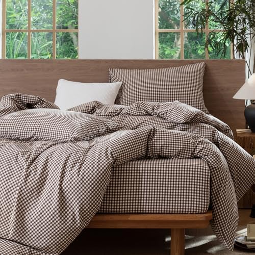 MooMee Gingham Duvet Cover Set 100% Washed Cotton Linen Like