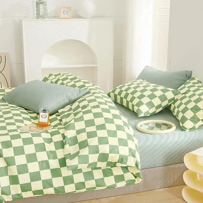 CLOTHKNOW Green White Plaid Comforter Set California King Grid Bedding Comforter Sets Checker Comforter with 2 x Pillow Cases