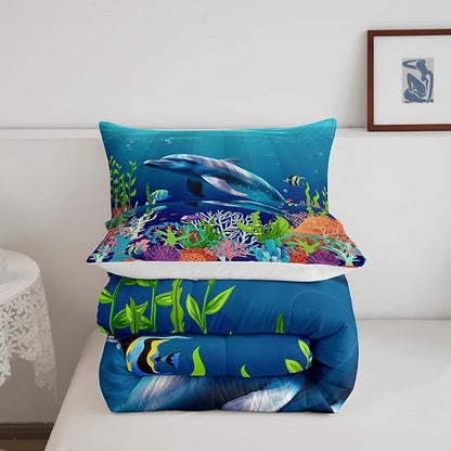 Castle Fairy Cute Dolphin Kids Boys Girls Comforter Set Full Size,Ocean Fish Coral Duvet Sets Teens Bedroom Decor,Cartoon Undersea Boys Girls Blue Underwater Brushed Microfiber Soft Bedding Comforter
