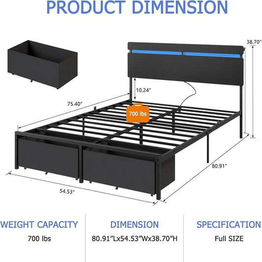 Forestell Full Size Bed Frame with Wood Headboard,2 Storage Drawers & Shelf | Built-in Charging Station & LED Lights, Metal Support, No Box Spring Needed, noise-free, easy assembly, Smart RGB, USB+Type-C