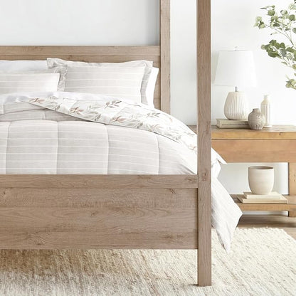 LINENS & HUTCH Comforter Set Patterned Microfiber All Season Down-Alternative Ultra Soft Bedding in Foliage Stripe - King/Cal-King Foliage Stripe Ivory