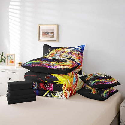 Erosebridal 3D Dragon Bed in a Bag Queen Comforter Set 7 Piece,Watercolor Dragon Scale Bedding Sets Antique Mythical Animal Gothic Sheet Set with Comforter