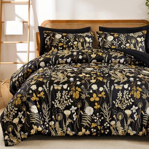 King Size Comforter Set, 7 Pieces Black Brown Floral Soft Bedding Sets Fall