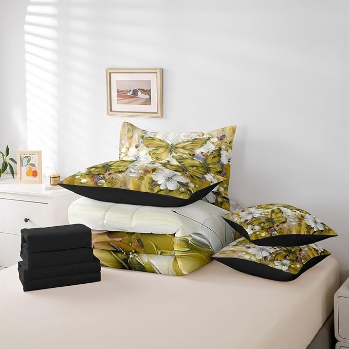 Floral Butterfly 7 Piece Bed In A Bag King,White Flowers Oil Painting Boho Bedding Set With Sheets Retro Aesthetics Yellow Butterfly Comforter Set For Girls Teen Women,Bohemian Animal Bed Set