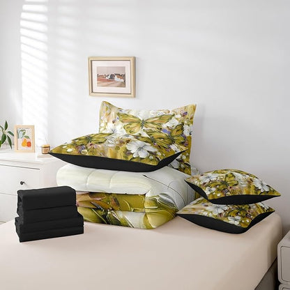 Floral Butterfly 7 Piece Bed In A Bag Queen,White Flowers Oil Painting Boho Bedding Set With Sheets Retro Aesthetics Yellow Butterfly Comforter Set For Girls Teen Women,Bohemian Animal Bed Set