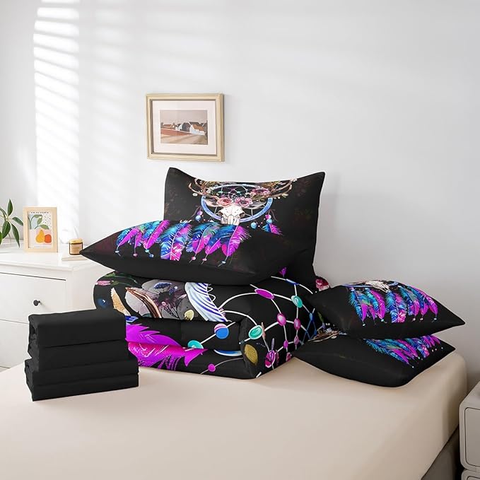 Erosebridal Bull Skull Bed in a Bag Queen Comforter Set 7 Piece,Dream Catchers Bedding Sets Bohemian Dreamcatcher Feather Sheet Set with Comforter