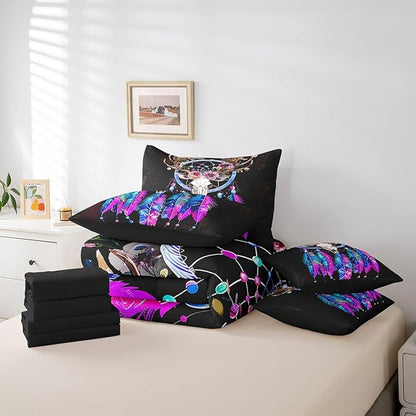 Erosebridal Bull Skull Bed in a Bag Queen Comforter Set 7 Piece,Dream Catchers Bedding Sets Bohemian Dreamcatcher Feather Sheet Set with Comforter